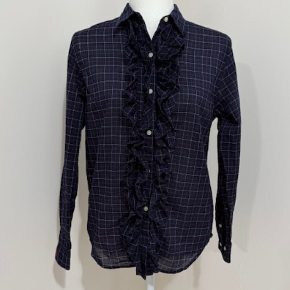 Lauren Ralph Lauren Ruffle Front Long Sleeve Plaid Top Blue Red Size P/M